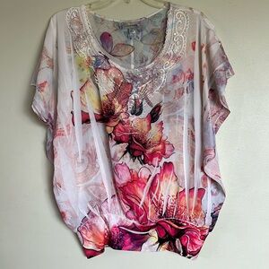 Dressbarn Floral Lace Tropical Blouse Women’s Size Large multicolor